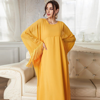 Women Clothing Arrival Tassel Long Blouse Mesh Dress Autumn Solid Color Suit
