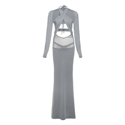 Spring Women Clothing Solid Color Slim Fit Long Sleeves Blouse Sexy Halter Lace up Dress Set