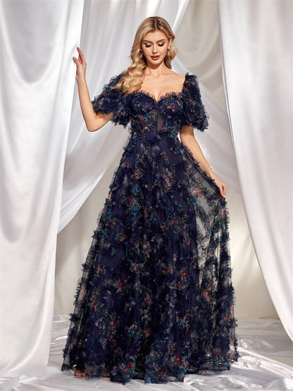 Evening Wear High Grade Floral U Neck Evening Dress Short Sleeve Slim Fit Party Cocktail Dress Women
