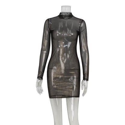 Women Sexy Mesh Long Sleeve Slim Bronzing Thin Glittering Dress Sheath Blouse