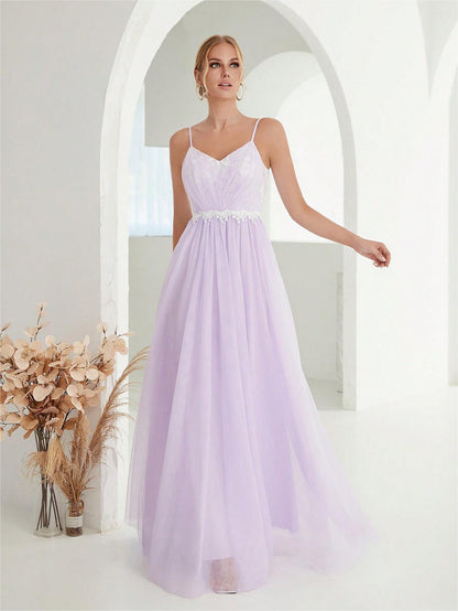 Women Suspender Evening Dress Mesh Cross Fold Lace Contrast Color Maxi Dress Summer