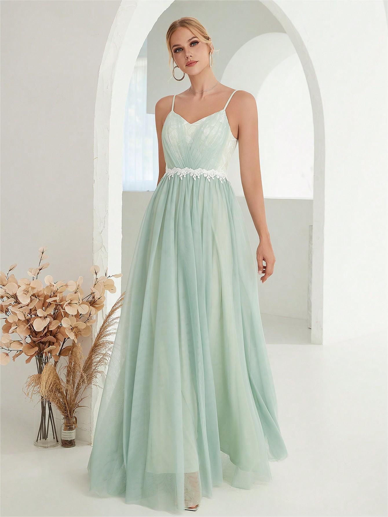 Women Suspender Evening Dress Mesh Cross Fold Lace Contrast Color Maxi Dress Summer