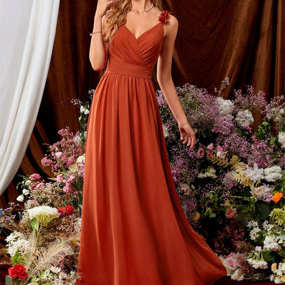 V neck Strap Evening Dress Lace Pleated Backless Sexy Large Swing Dance Dress Party Dress Bridesmaid Dress Summer