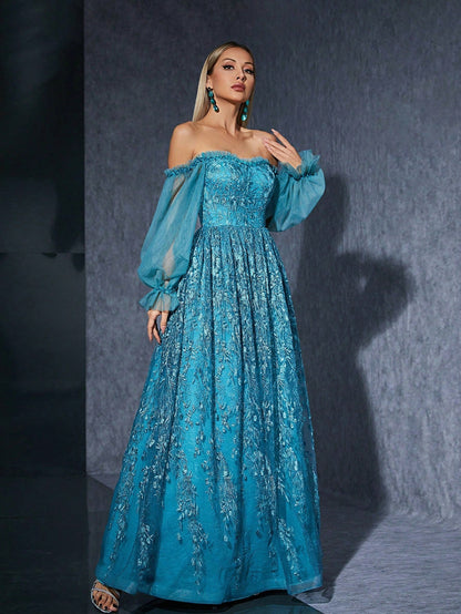 Off Shoulder Bubble Sleeve Drop down Evening Dress Host Performance Elegant Dress