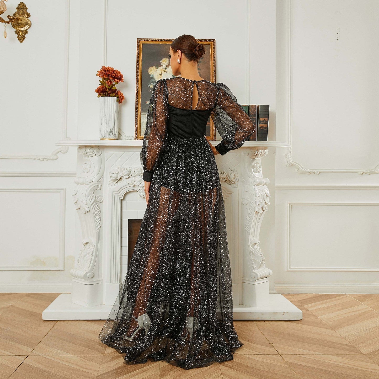 Long Sleeved round Neck Cocktail Sequin Gauze Large Swing Evening Dress Bridesmaid Dress Women