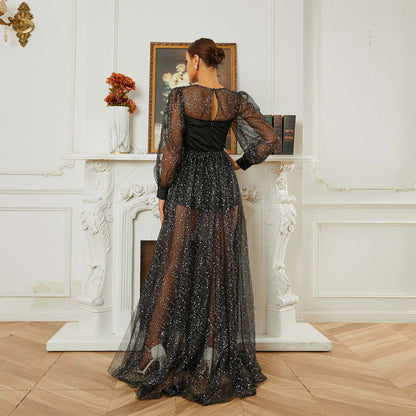 Long Sleeved round Neck Cocktail Sequin Gauze Large Swing Evening Dress Bridesmaid Dress Women