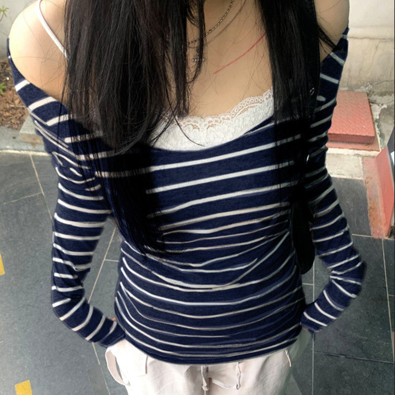Off Shoulder Striped Lightweight Slim Fit Long Sleeve Blouse Sexy off Shoulder Simple All Match Slim Fit Casual Shirt