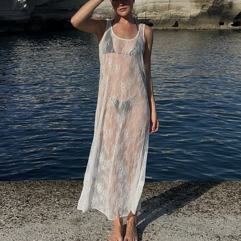 Spring Summer Women Clothing Sexy See through Hollow Out Cutout Lace Blouse Dress