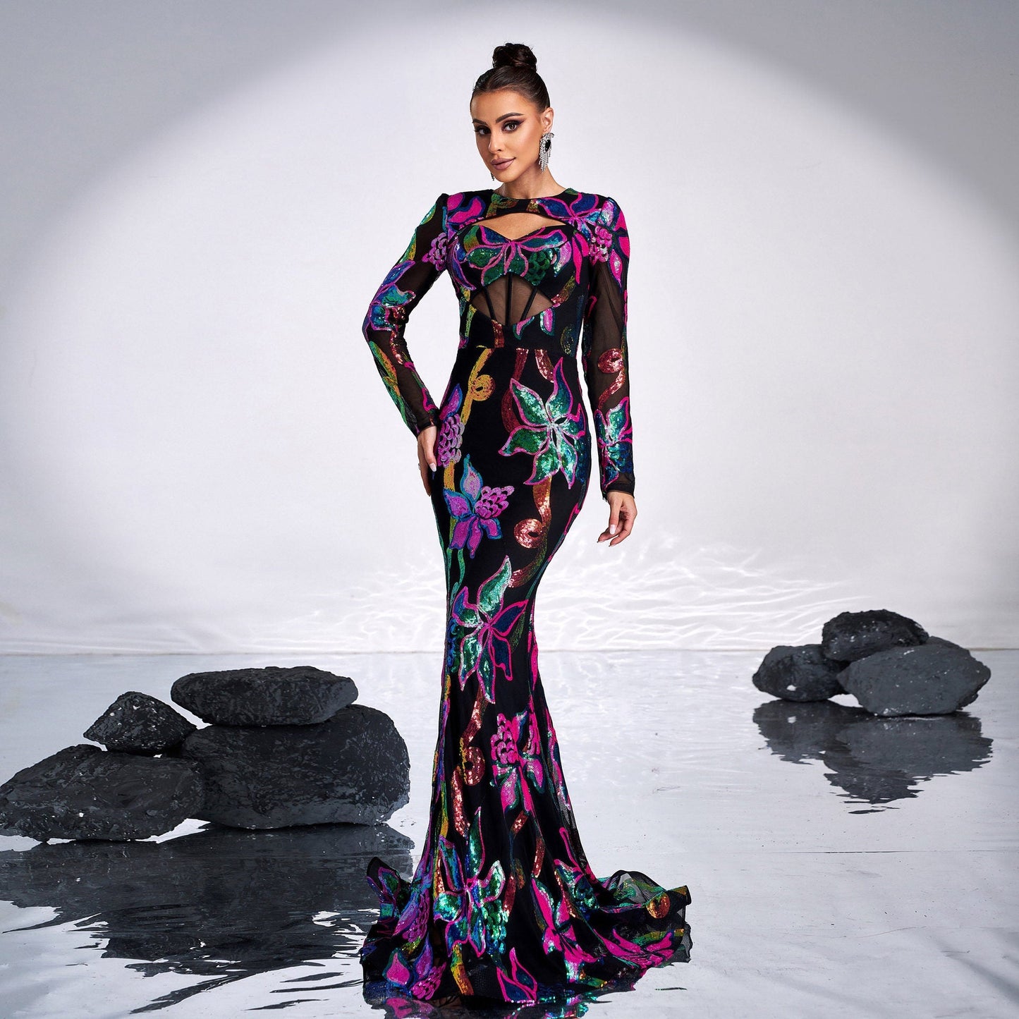 Long Sleeve round Neck Sexy Hollow Out Cutout out Long Sequined Cocktail Fishtail Evening Dress Bridesmaid Dress Women