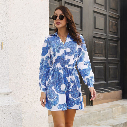 Paisley Pattern Blouse Collar Dress Women Smocking Waist Long Sleeve Spring Autumn Women Clothing