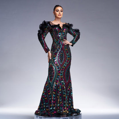 Long Sleeve V neck Hollow Out Cutout out Long Sequined Cocktail Fishtail Evening Dress Bridesmaid Dress Women