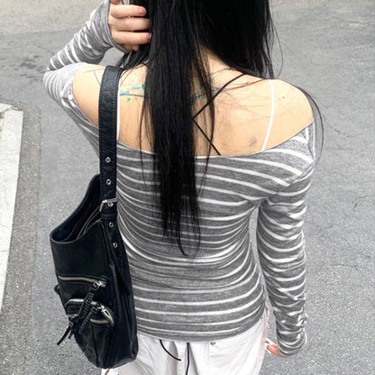 Off Shoulder Striped Lightweight Slim Fit Long Sleeve Blouse Sexy off Shoulder Simple All Match Slim Fit Casual Shirt