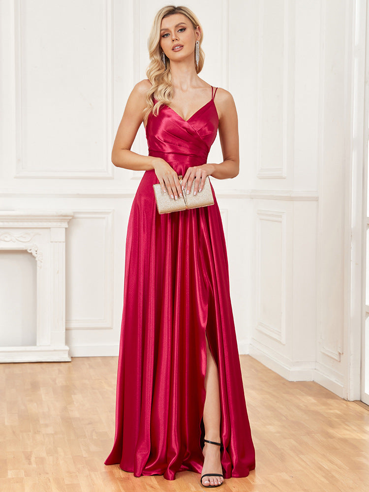 Sexy Sling Silk Dress Backless Blue Maxi Dress Bridesmaid Evening Dress Women