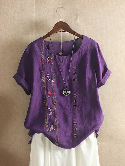 Fashion Flower Embroidery Cotton Linen Shirt Casual Summer Women O-neck Short Sleeve White Pullover Top Elegant Street Blouse