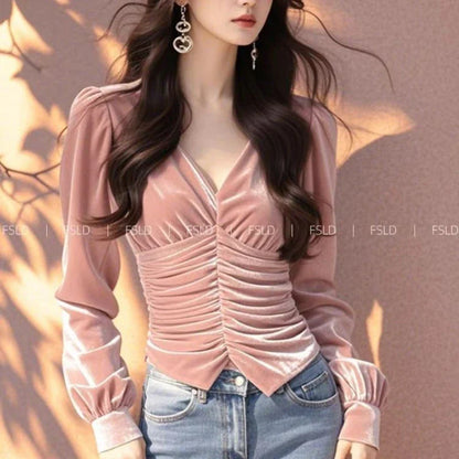 Velvet Long Sleeve T Shirt Women V Neck Casual Lady Tee Youth Elegant Luxury Top Basic Blouse  Fashion New