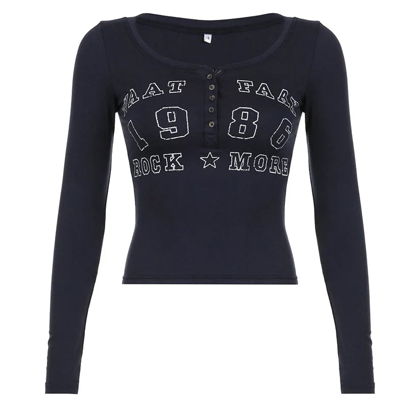American Retro Letter Print Button V-Neck Shirt Women¡¯s Autumn New Blouse Slim Basic Knitted Top Tees Streetwear Fashio