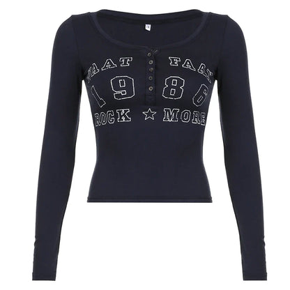 American Retro Letter Print Button V-Neck Shirt Women¡¯s Autumn New Blouse Slim Basic Knitted Top Tees Streetwear Fashio