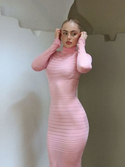 Elegant Long Sleeved Sweater Knit Dress Women Stretch Tight Striped Bodycon Party Evening Dress Fashiona Street Vestido