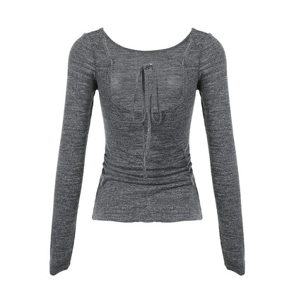 Causal Fashion Backless O-Neck Blouses Women Long Sleeve Simple Slim All-Match s Women Trendy Clothes