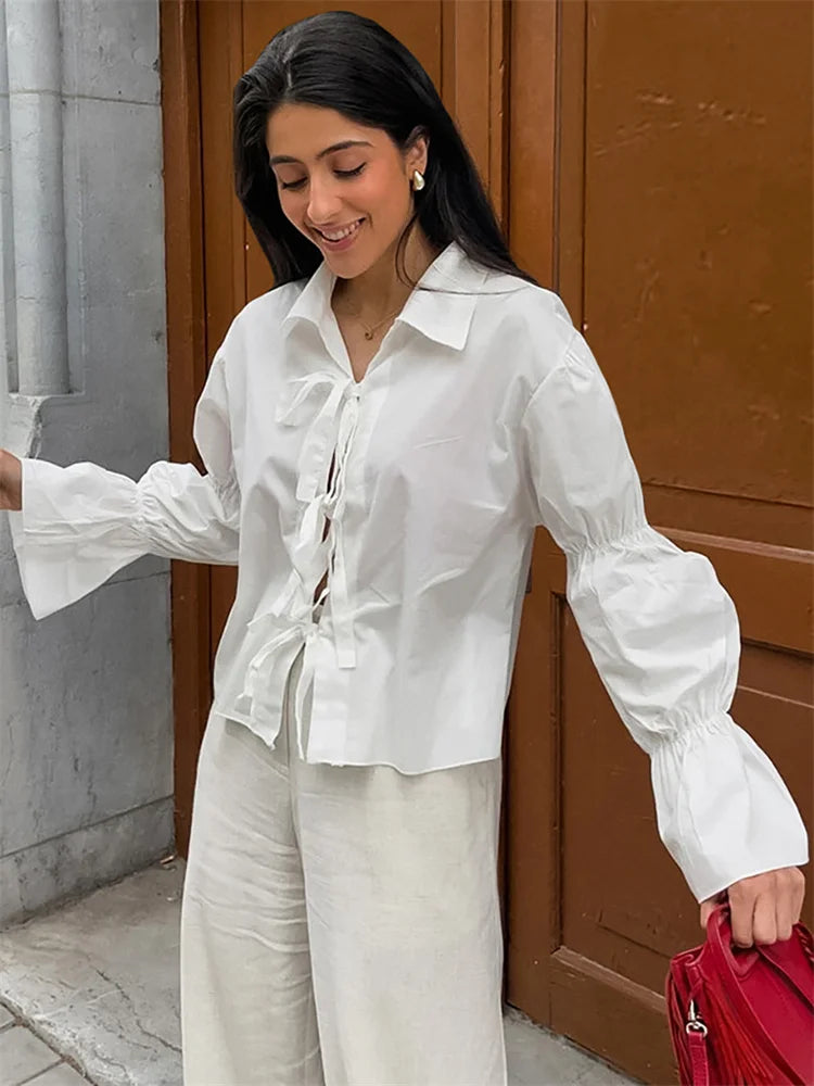 Chiffon Lace-Up Hollow Out Shirts Women’s Lapel Patchwork Bandage Long Sleeve Fashion Blouse Top Female White Outwear