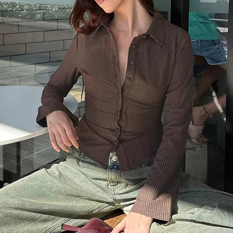 Vintage Brown Striped Blouse Women Fashion High Street Fitted Tee Shirt 2000s Casual Button Top Ladies Fall Outfits