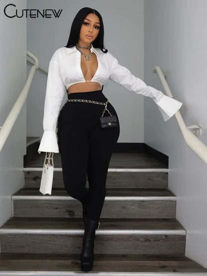 Concise Sexy Blouse T-shirts Autumn Fashion Long Sleeve Buttons Metal Connect Opened Lapel Tops Mujer Stretch Crop Tees