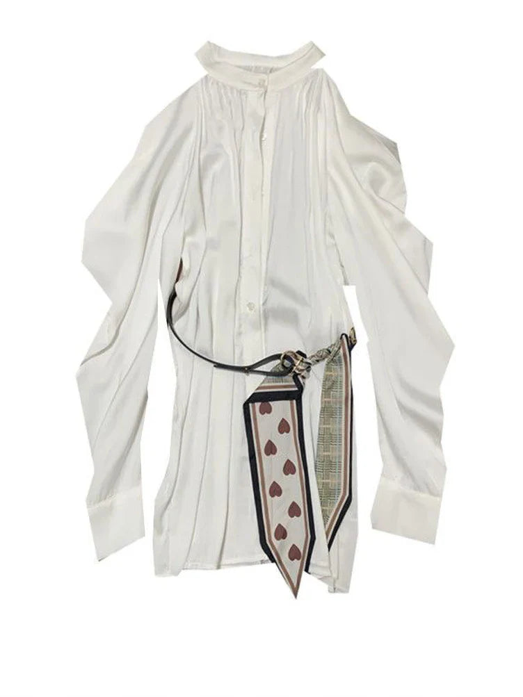 Youth Elegant Off Shoulder White Long Shirt Women Korean Dongdaemun High Quality Puff Sleeve Blouses Tops With Belted  New