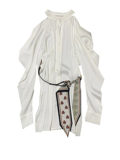 Youth Elegant Off Shoulder White Long Shirt Women Korean Dongdaemun High Quality Puff Sleeve Blouses Tops With Belted  New