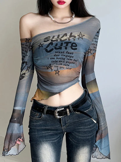 Colour Letter Print Fabric Skew Collar Asymmetric Women Top Tees Flared Sleeve Design Chic Slim Personality Blouses
