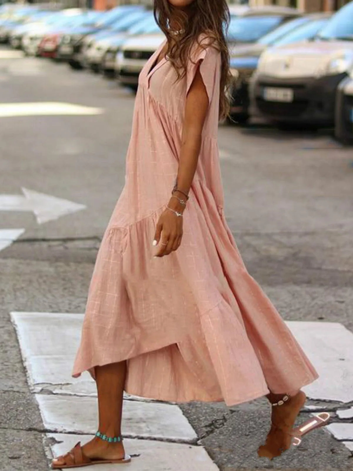 Cotton Linen Oversize Loose V-neck Boho Dress