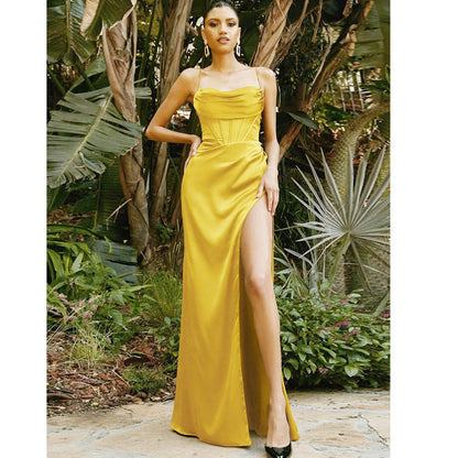 Sexy Backless High Waist Slit Evening Dress Elegant Sleeveless Long Party Dresses Solid Lace-up Irregular Graduation Dress Women