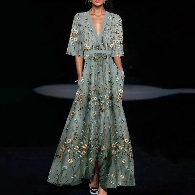 Fashion Print Party Long Dresses Women V-neck Half Sleeves Temperament Elegant A-line Evening Dress Female New Commuting Vestido