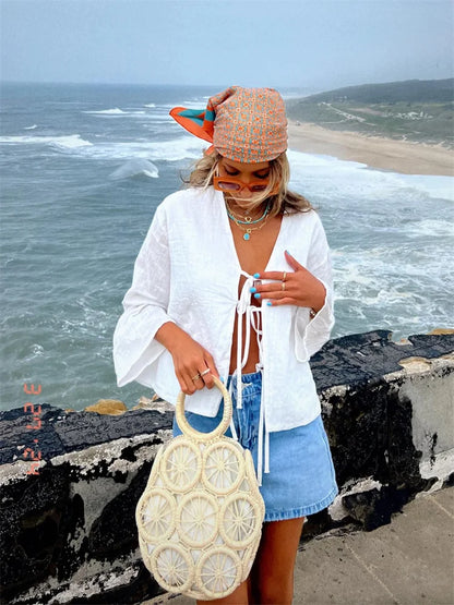 Fashion V-neck Lace Up Shirts Women  Spring Summer New Casual Long Sleeve Blouse For Female Solid Elegant Street Lady Tops