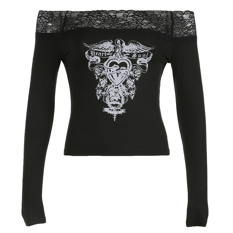 Gothic Retro Lace Trim Slash Neck Blouses Women¡¯ Long Sleeve Y2k Darkly Chic Print Autumn Trendy Fashion Tops