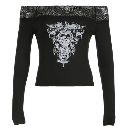 Gothic Retro Lace Trim Slash Neck Blouses Women¡¯ Long Sleeve Y2k Darkly Chic Print Autumn Trendy Fashion Tops
