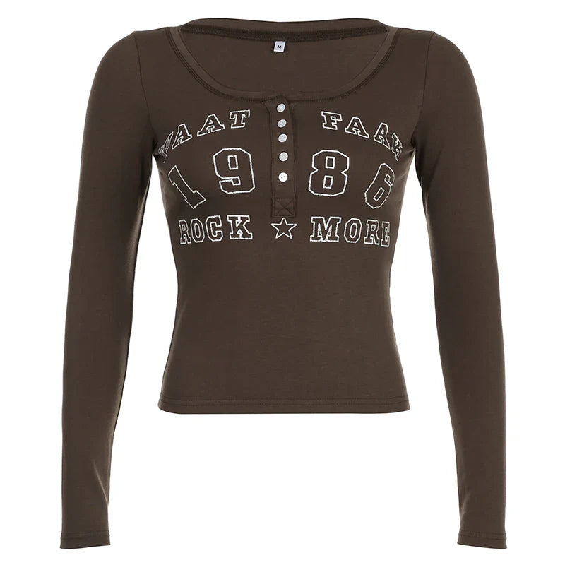 American Retro Letter Print Button V-Neck Shirt Women¡¯s Autumn New Blouse Slim Basic Knitted Top Tees Streetwear Fashio