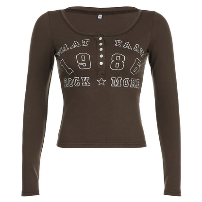 American Retro Letter Print Button V-Neck Shirt Women¡¯s Autumn New Blouse Slim Basic Knitted Top Tees Streetwear Fashio