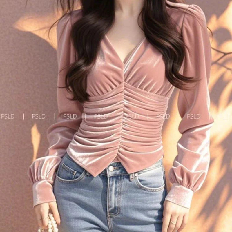 Velvet Long Sleeve T Shirt Women V Neck Casual Lady Tee Youth Elegant Luxury Top Basic Blouse  Fashion New