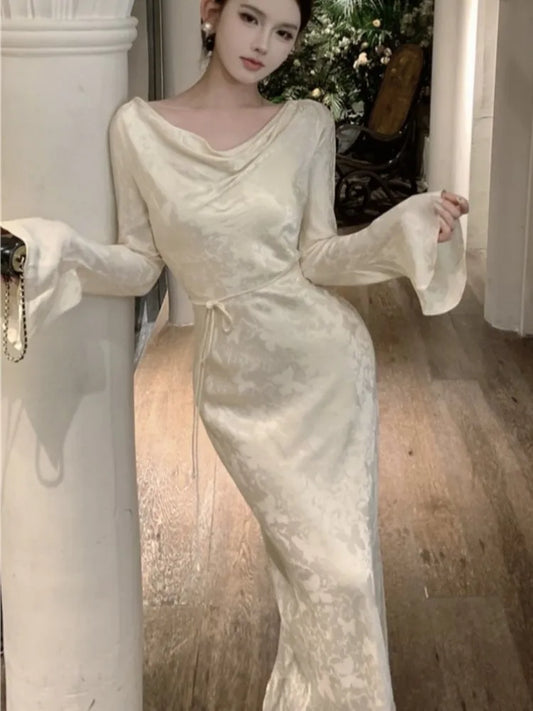 Autumn Bodycon Wedding Evening Dresses for Women Flare Sleeve Swinging Collar French Vintage Prom Robe Midi Vestidos Mujer New