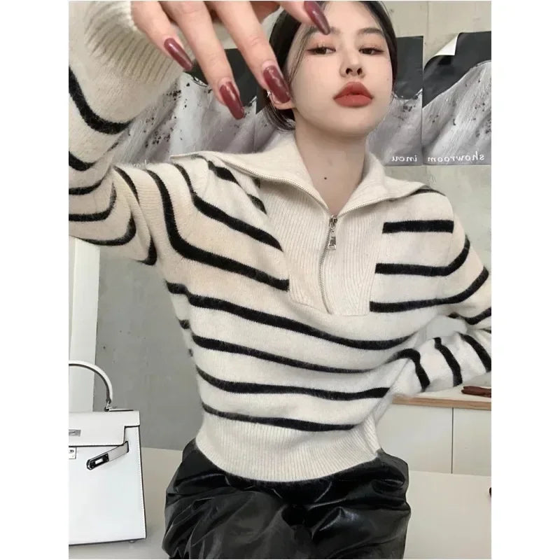 Autumn Winter Female Pullover Knit Loose Clothing Zipper Pullovers Shirts and Blouses Long Sleeve Traf Store Knitwears