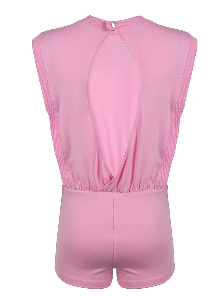 Hollow Out Back Sleeveless Boho Blouse Rompers Womens O Neck Solid Simple Casual Summer Vacation Beach Playsuits Pink