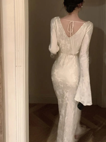 Autumn Bodycon Wedding Evening Dresses for Women Flare Sleeve Swinging Collar French Vintage Prom Robe Midi Vestidos Mujer New