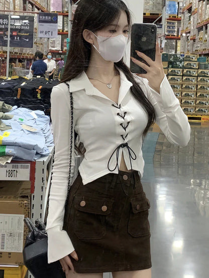 Lace Up Long sleeve Korean Dongdaemun Youth Trend Shirts Blouses Women Autumn Basic Crop Shirt  New White Black