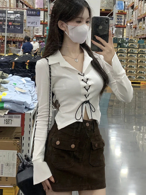 Lace Up Long sleeve Korean Dongdaemun Youth Trend Shirts Blouses Women Autumn Basic Crop Shirt  New White Black