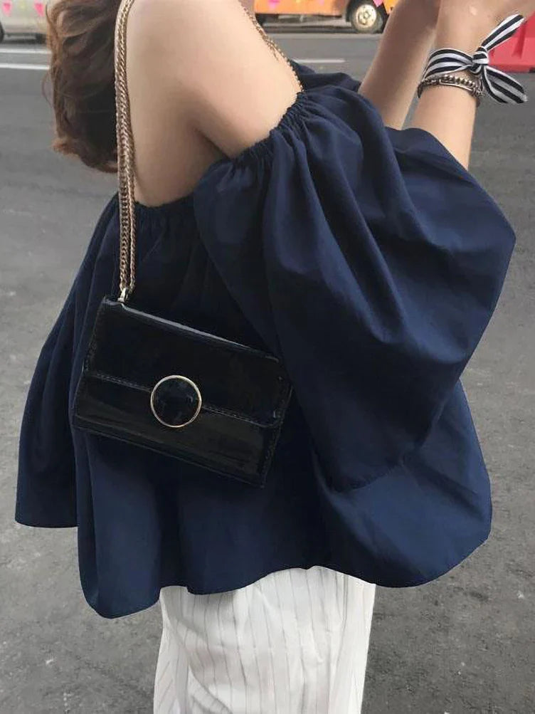 Holiday Beach Youth Off Shoulder Blouses Tops Korean Fashion Puff Sleeve Shirt Summer Elegant Tees Dongdaemun Backless  New