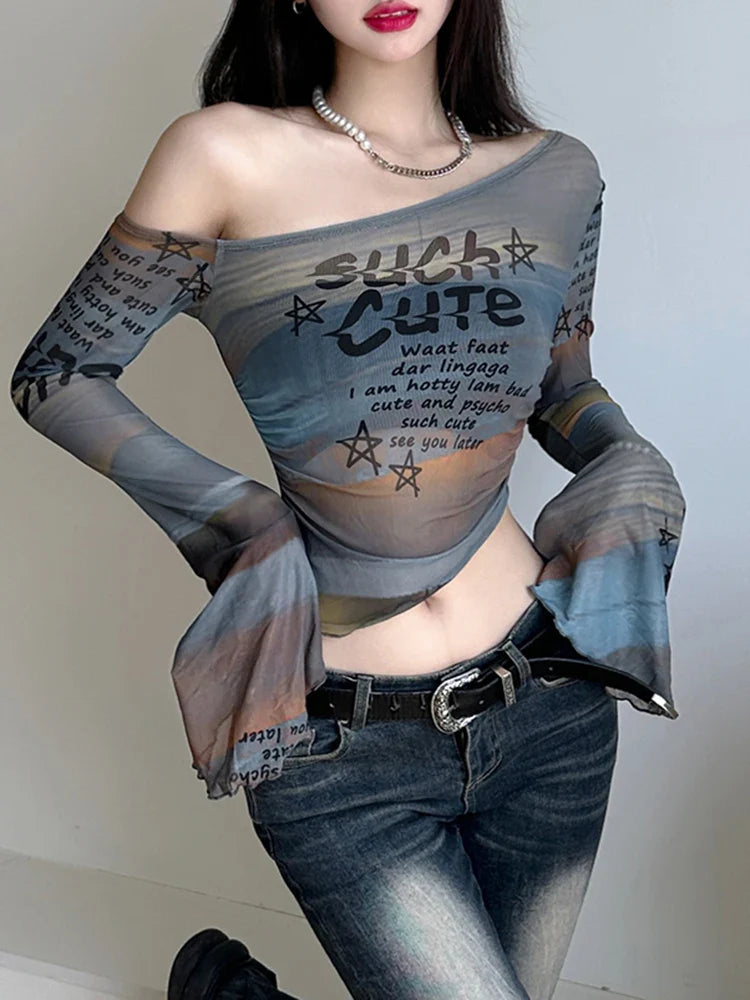 Colour Letter Print Fabric Skew Collar Asymmetric Women Top Tees Flared Sleeve Design Chic Slim Personality Blouses