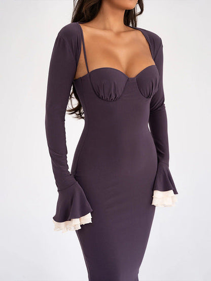 Elegant Long Flared Sleeve Elastic Tight Women Two-piece Set Autumn/Winter New 2025 Sexy Party Club Evening Dress