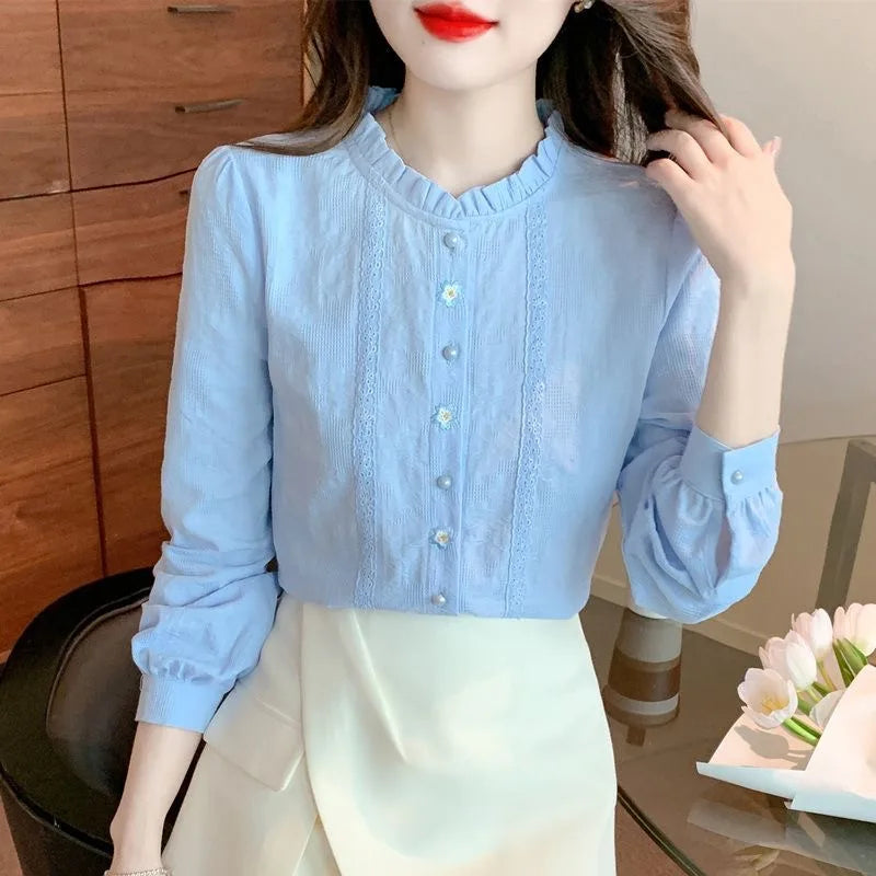 Embroidery Women Spring Autumn Blouses Shirts Lady Casual Long Sleeve Stand Collar Solid Color Blusas Tops DF4774