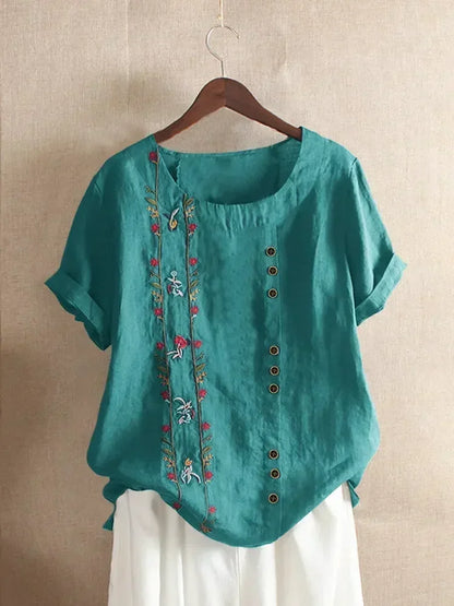 Fashion Flower Embroidery Cotton Linen Shirt Casual Summer Women O-neck Short Sleeve White Pullover Top Elegant Street Blouse
