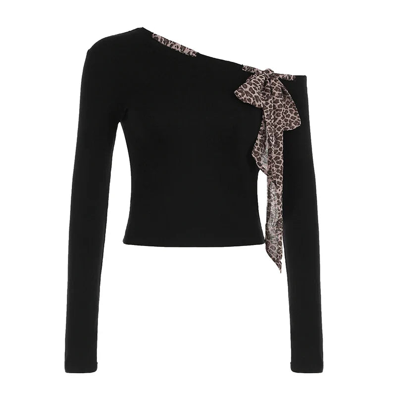 Design Skew Collar Leopard Lace-Up Top Tees s Autumn Women Trendy Clothes Long Sleeve Slim Y2k Blouse New